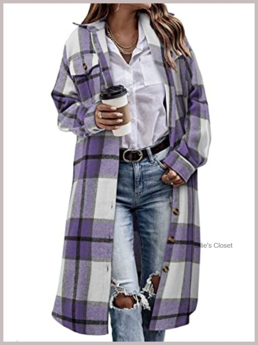 Women's Oversized Plaid Shacket Long Flannel Button Down Corduroy Jacket Coat